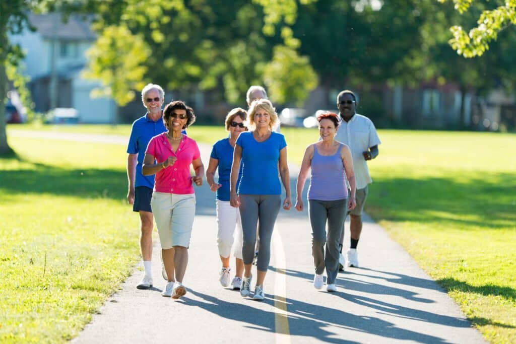 a group of people walking on a path